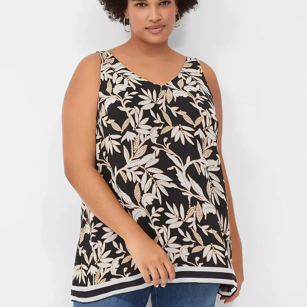 Lane Bryant Cream Tan Bordered Leaves Swing V-Neck Single-Layer Chiffon Tank 26